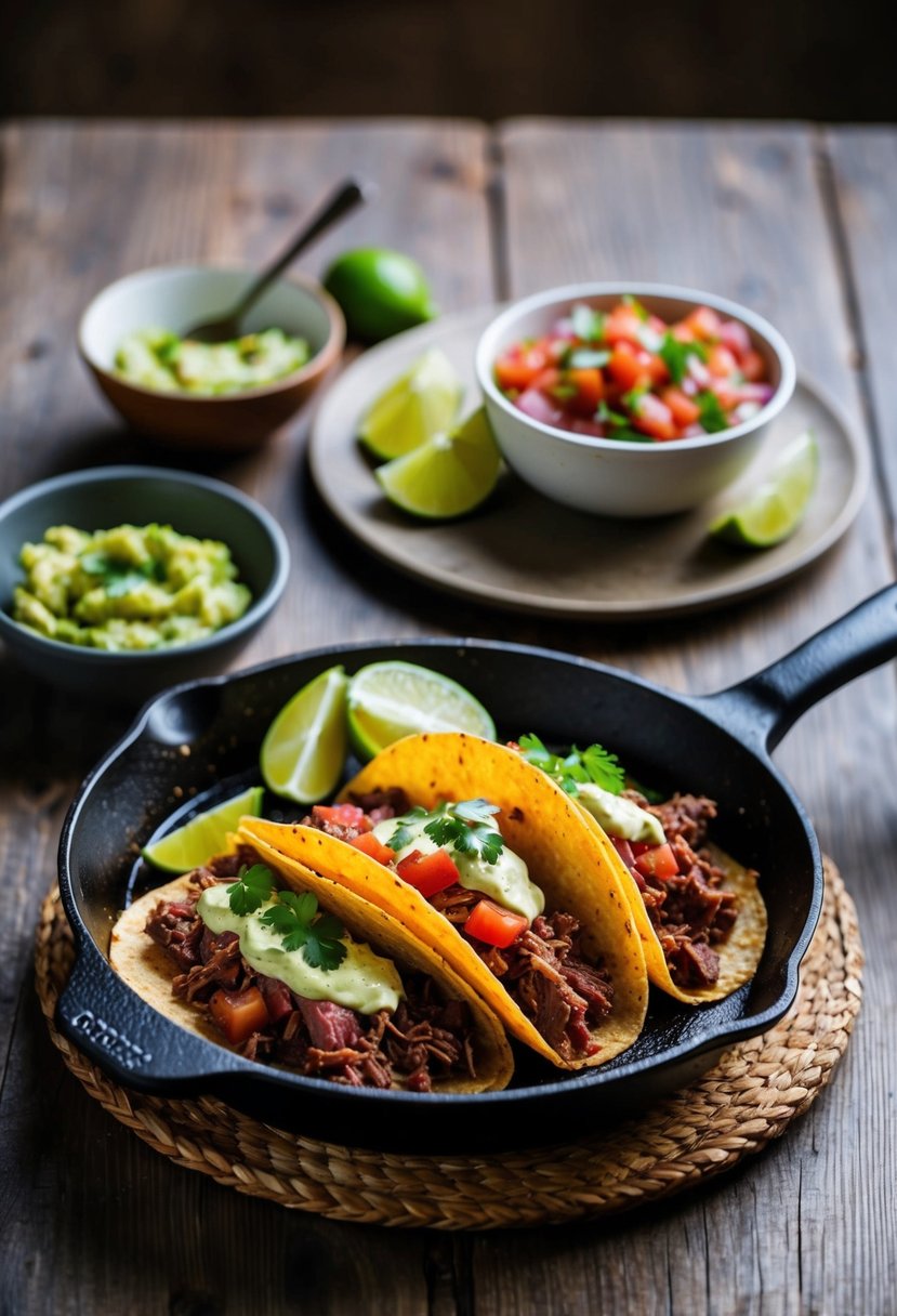 A sizzling skillet of corned beef tacos with a side of fresh salsa and guacamole on a rustic wooden table