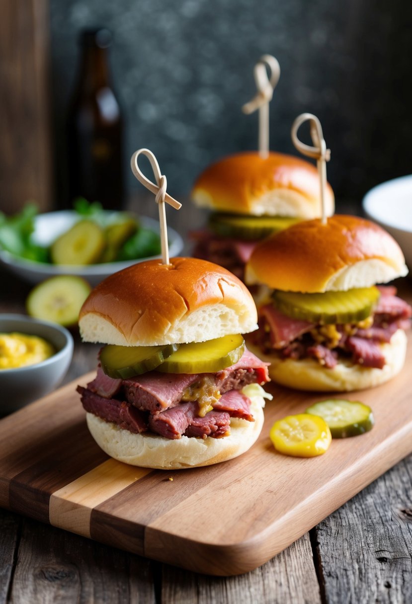 A platter of corned beef sliders with pickles and mustard on a wooden cutting board