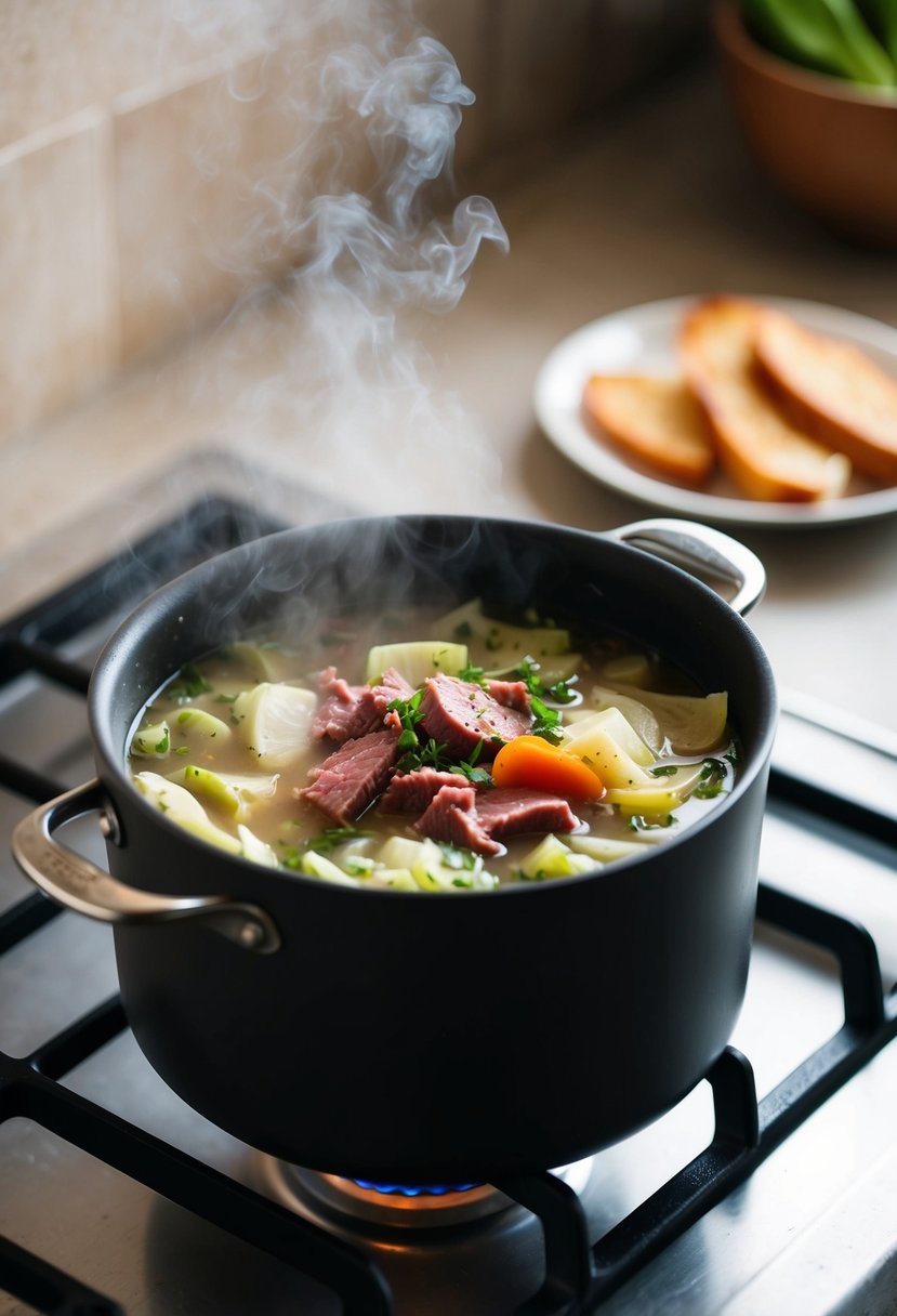 A steaming pot of corned beef and cabbage soup simmering on a stovetop