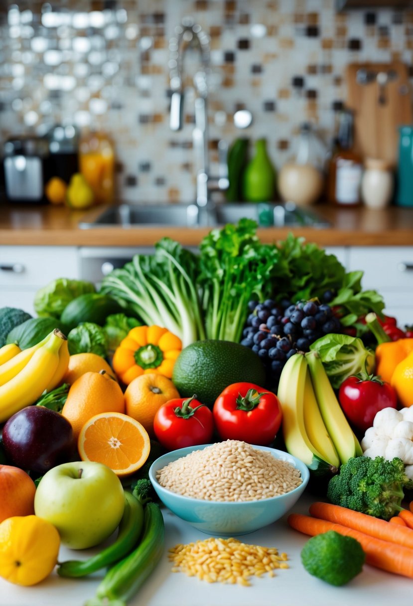 A colorful array of fresh fruits and vegetables, a variety of whole grains, and lean proteins arranged on a kitchen counter