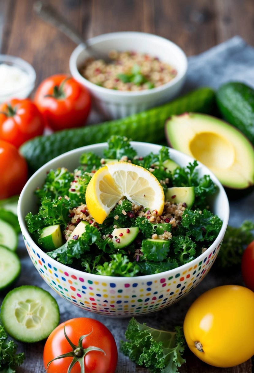 A colorful bowl of kale and quinoa salad with lemon dressing, surrounded by fresh ingredients like tomatoes, cucumbers, and avocado