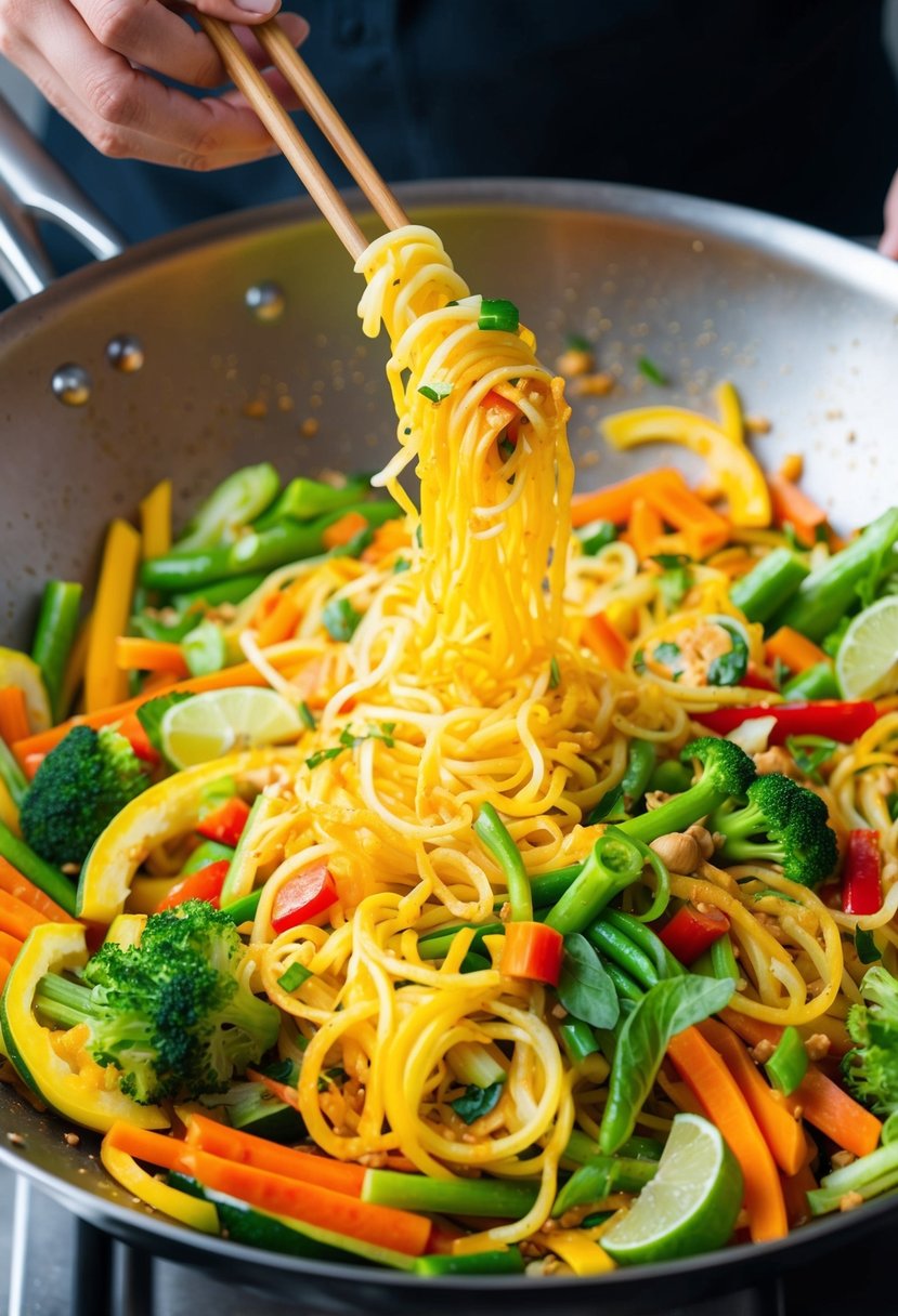 A colorful array of fresh vegetables, spiralized spaghetti squash, and a flavorful pad thai sauce being mixed together in a large wok