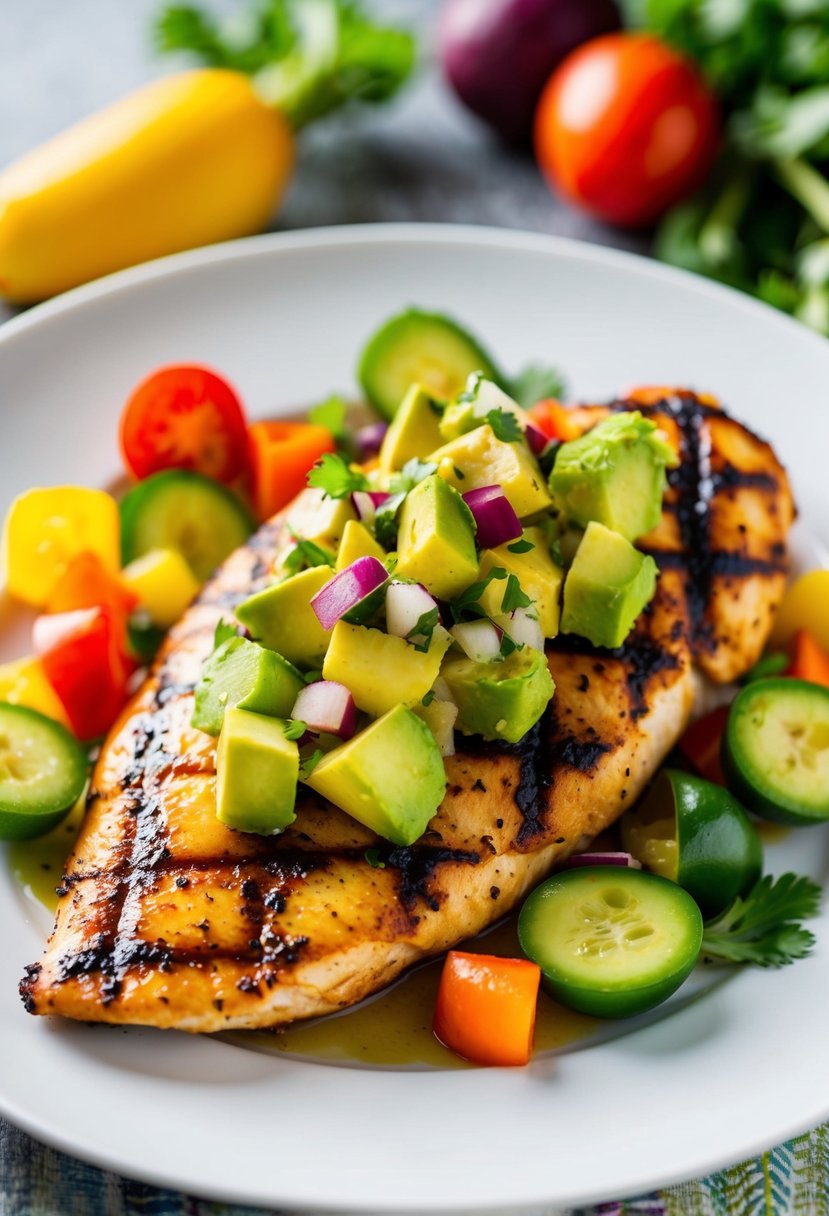 Grilled chicken breast topped with vibrant avocado salsa on a white plate, surrounded by colorful vegetables