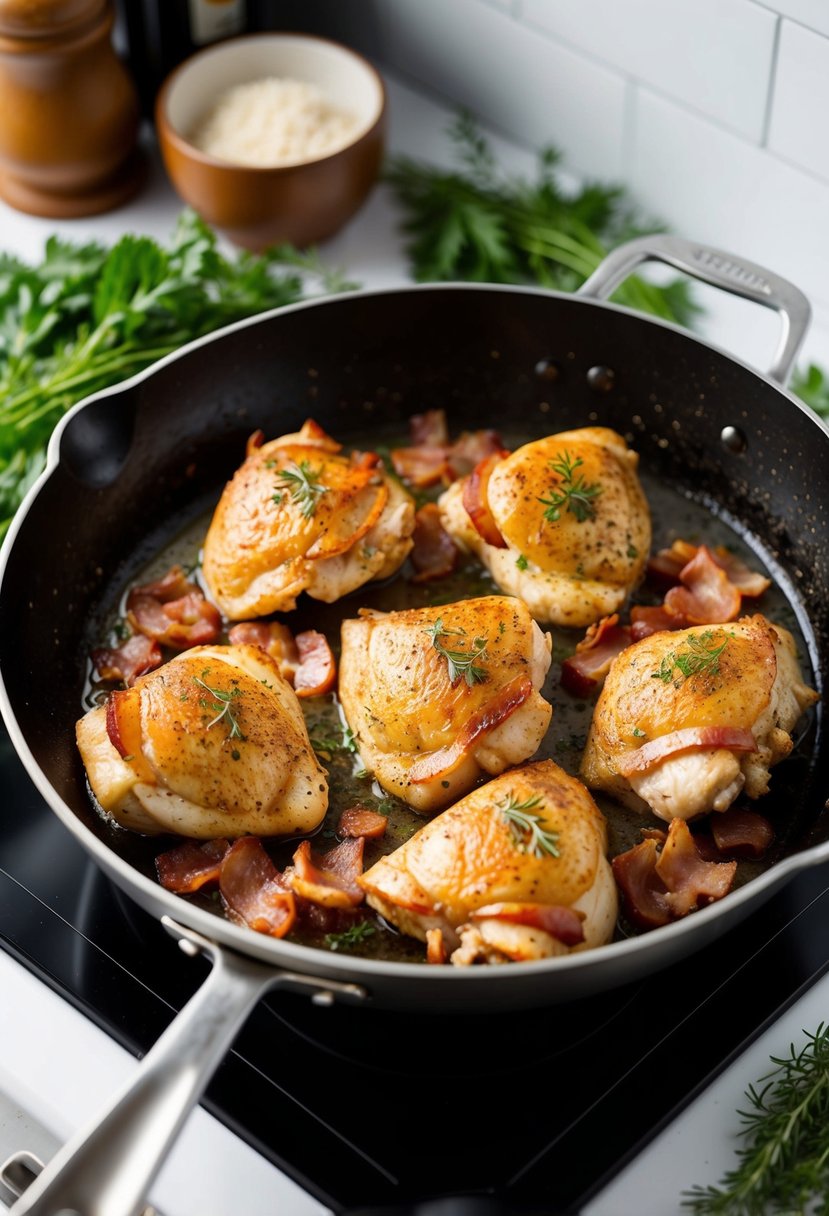 A sizzling skillet with chicken and bacon cooking over a stovetop, surrounded by fresh herbs and spices