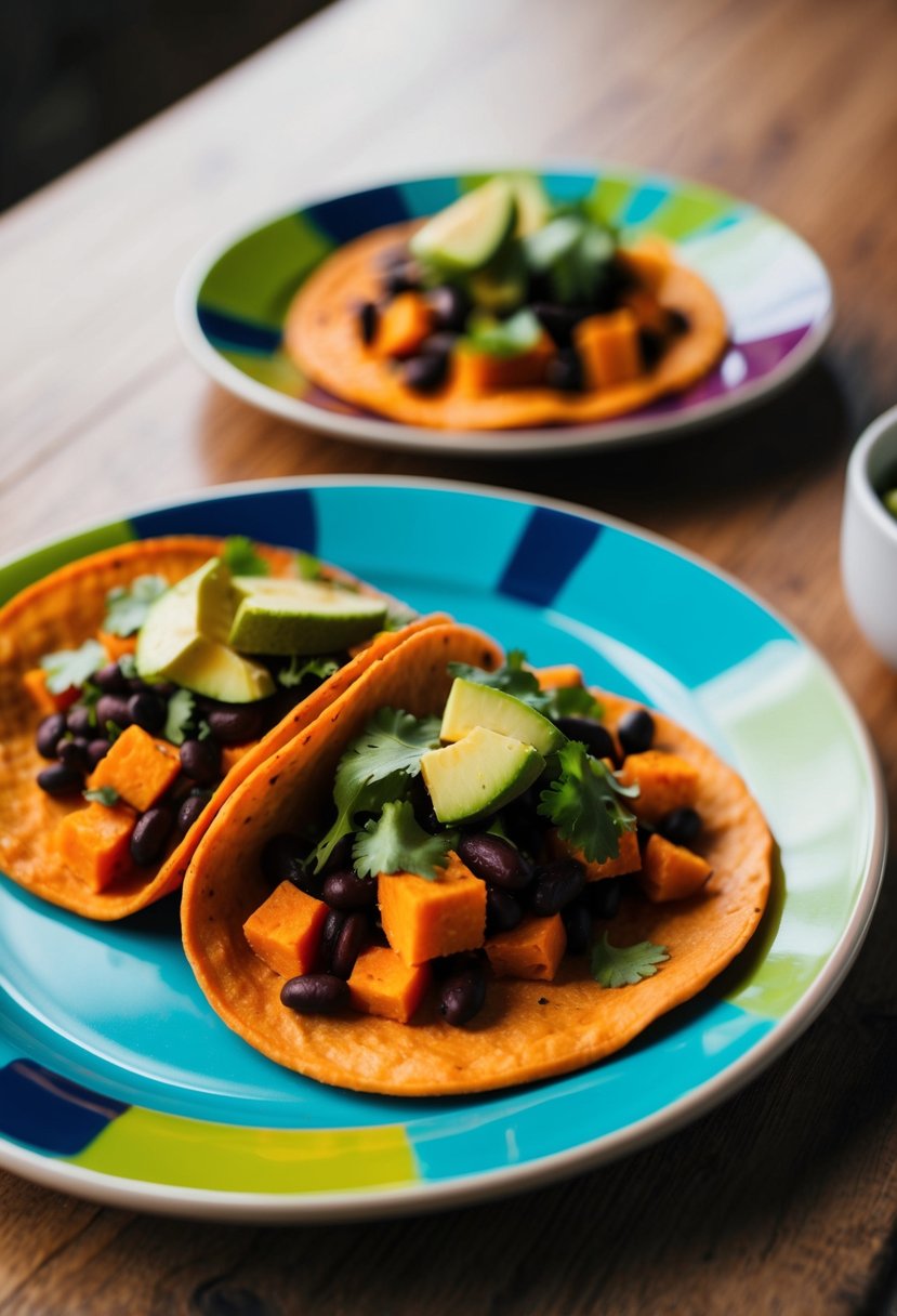 A colorful plate of sweet potato and black bean tacos with fresh toppings on a wooden table