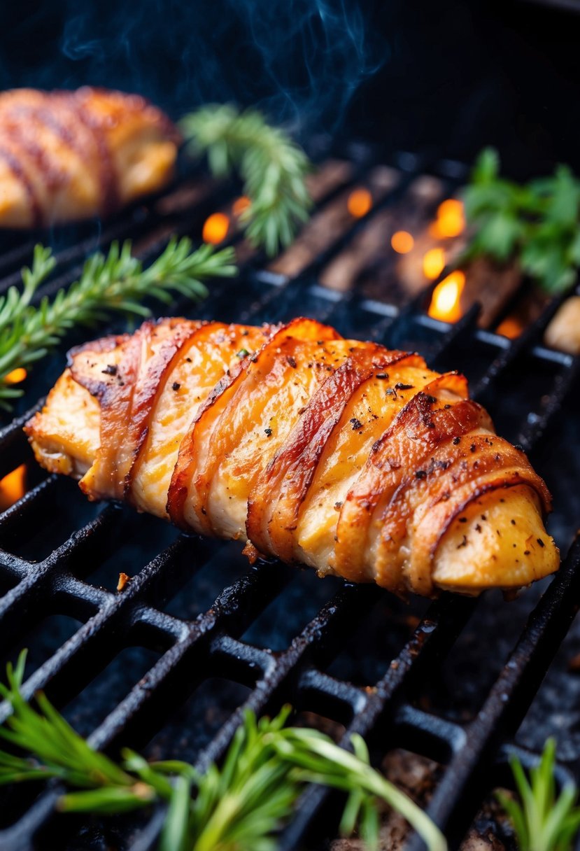 A sizzling bacon-wrapped chicken breast on a grill, surrounded by fresh herbs and spices