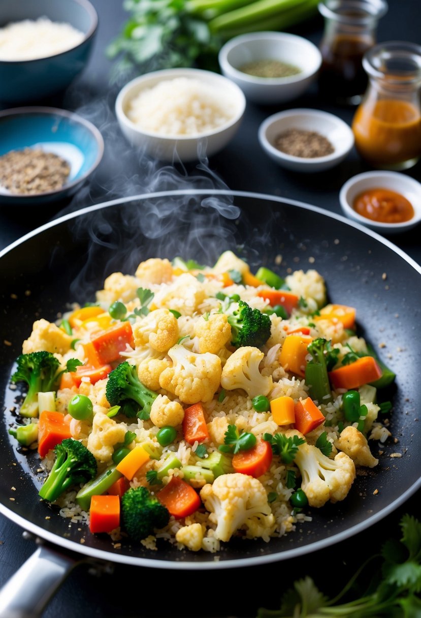 A sizzling pan of colorful vegetables and cauliflower rice stir-fry, with steam rising and a variety of seasonings and sauces nearby