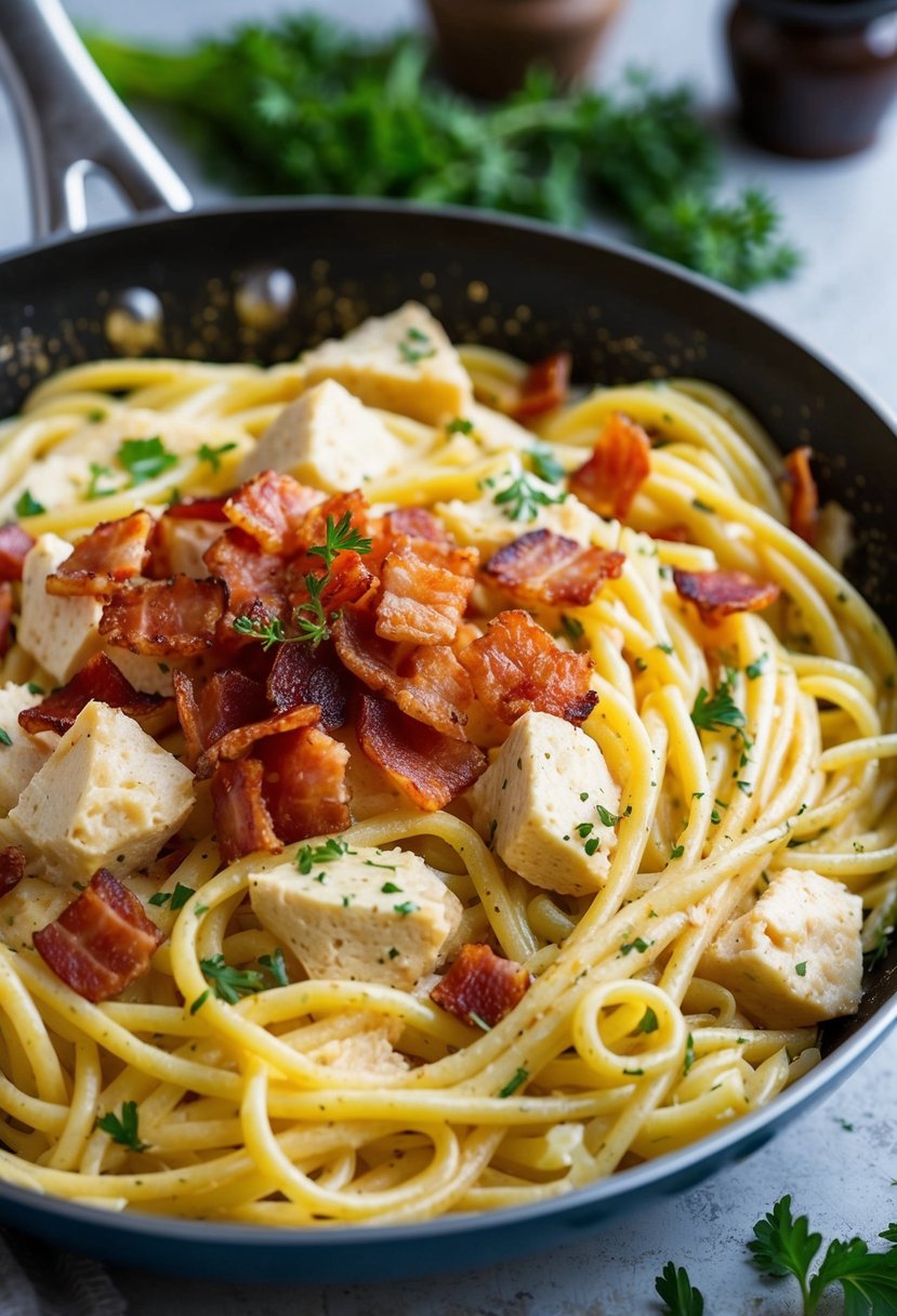 A steaming skillet of creamy pasta with chunks of chicken and crispy bacon, surrounded by fresh herbs and spices