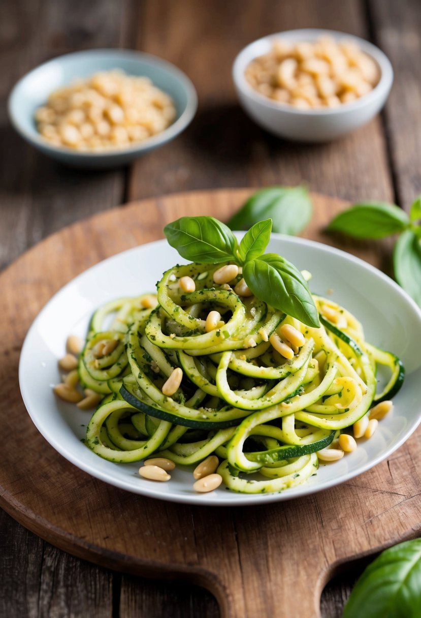 A plate of zucchini noodles with pesto sauce, garnished with pine nuts and basil leaves, sits on a rustic wooden table