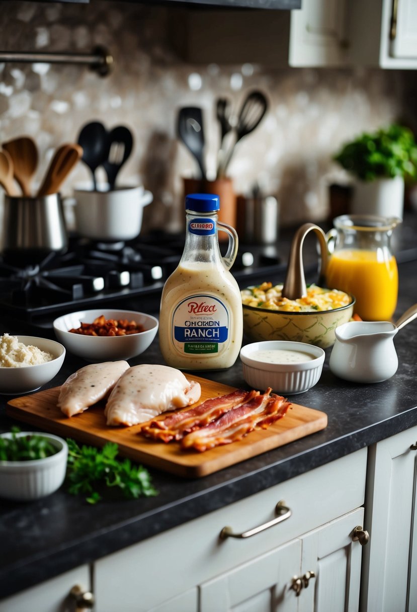 A rustic kitchen counter with ingredients for Chicken Bacon Ranch Casserole laid out: chicken, bacon, ranch dressing, and various cooking utensils