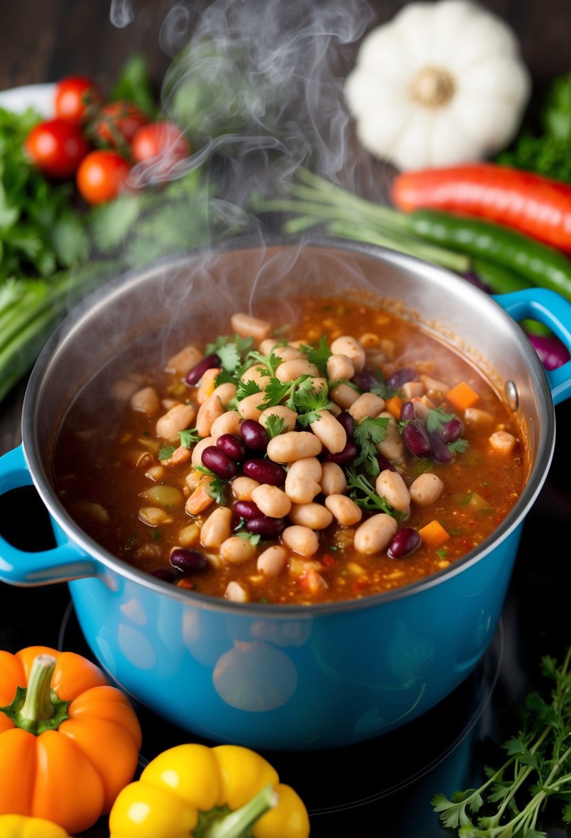 A steaming pot of turkey chili with beans simmers on the stove, surrounded by colorful vegetables and herbs