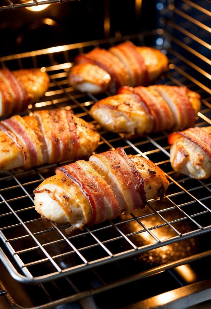 Bacon-wrapped chicken breasts sizzling in the oven on a wire rack, surrounded by sizzling bacon grease