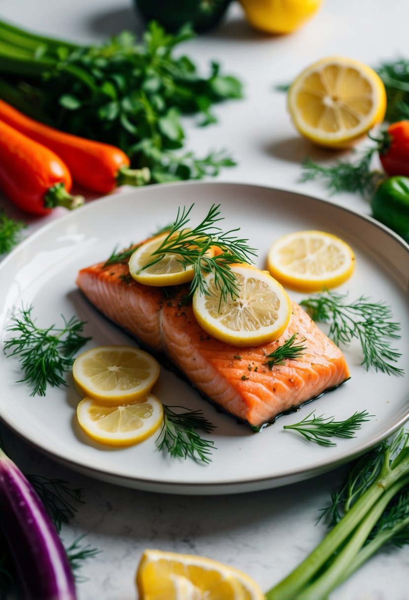 A golden-brown piece of salmon topped with fresh dill and lemon slices on a white plate, surrounded by colorful vegetables and herbs