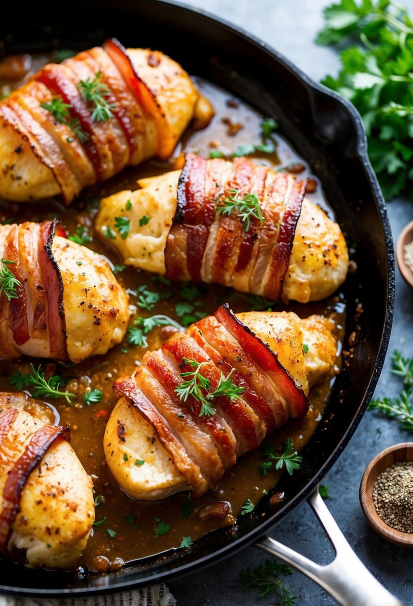 A sizzling skillet of chicken breasts wrapped in crispy bacon, smothered in a savory sauce, surrounded by fresh herbs and spices