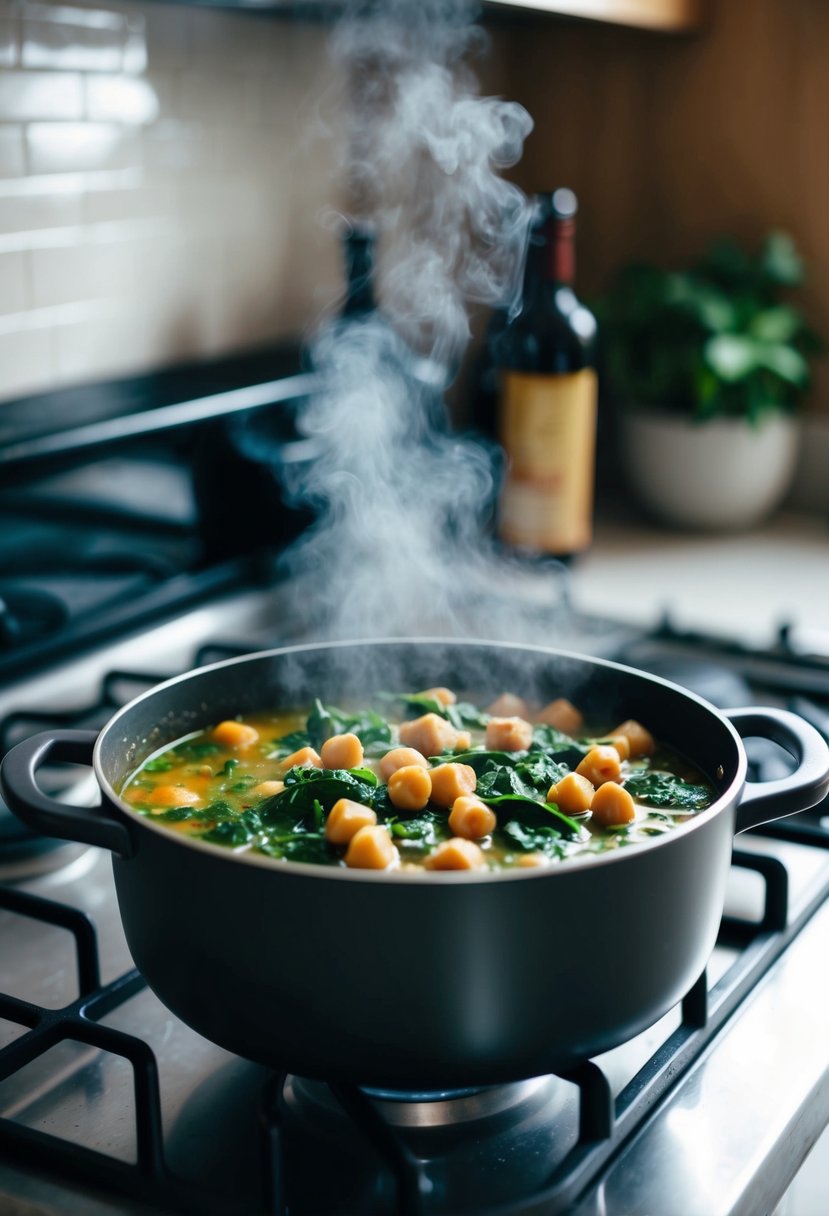 A pot of chickpea and spinach stew simmering on a stovetop, steam rising and filling the kitchen with savory aroma