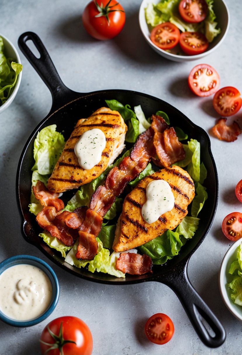 A sizzling skillet of grilled chicken and crispy bacon, surrounded by fresh lettuce, tomatoes, and creamy dressing