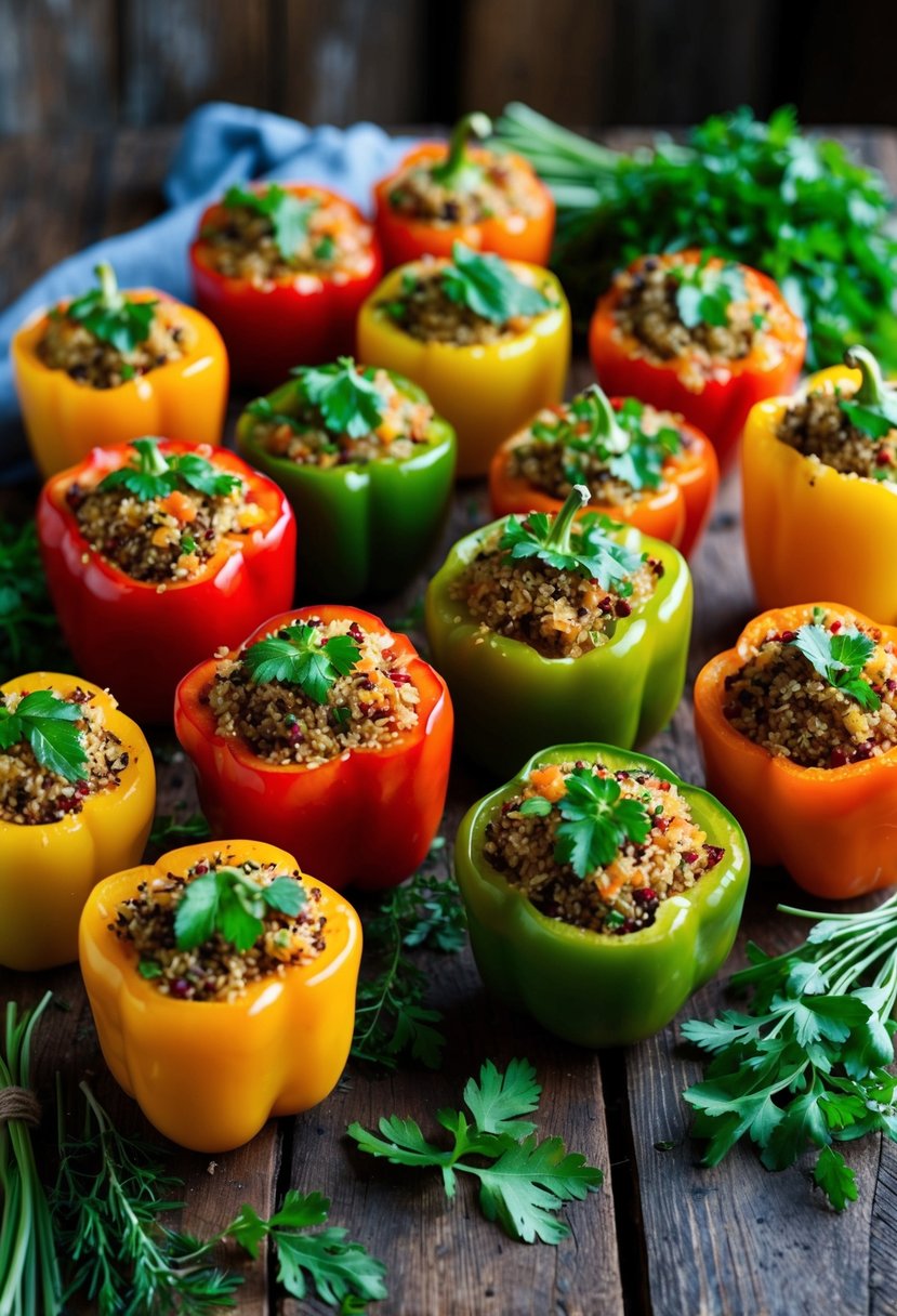 A colorful array of quinoa stuffed bell peppers arranged on a rustic wooden table, surrounded by fresh herbs and vibrant ingredients