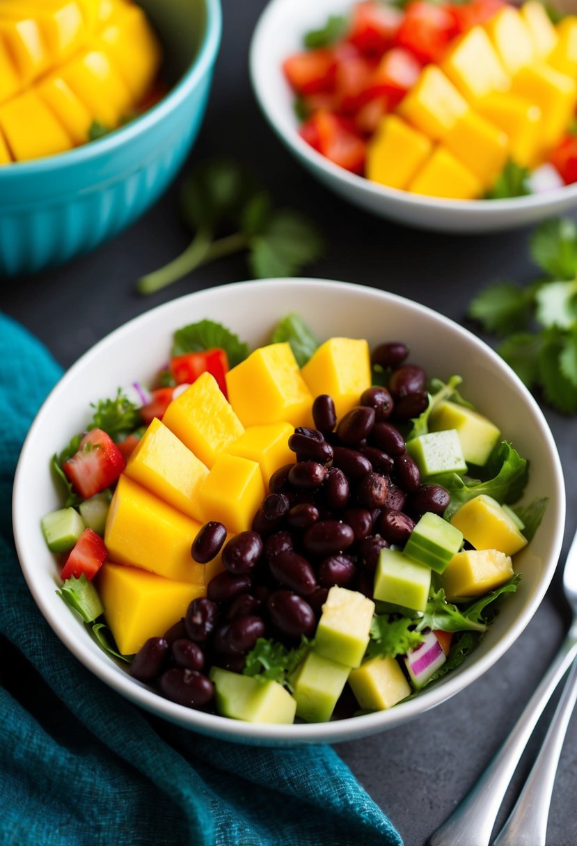 A vibrant bowl of mango and black bean salad, with colorful ingredients arranged in an appealing and appetizing manner