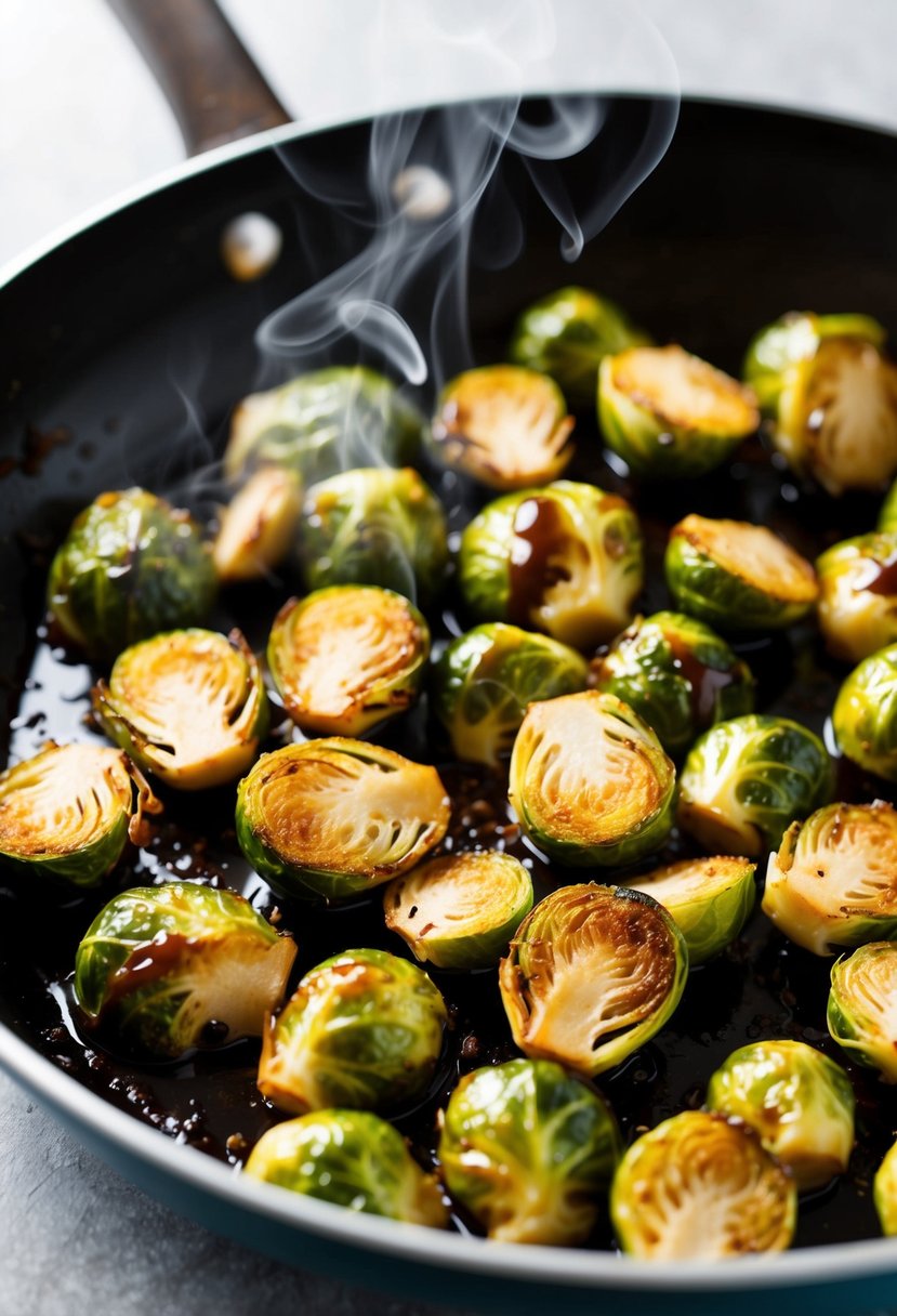 A sizzling pan of roasted Brussels sprouts coated in a glossy balsamic glaze, steam rising and caramelized edges