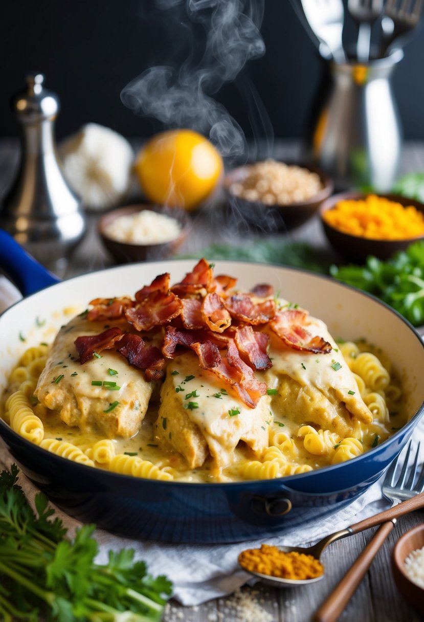 A steaming dish of Chicken Tetrazzini topped with crispy bacon, surrounded by fresh ingredients and cooking utensils