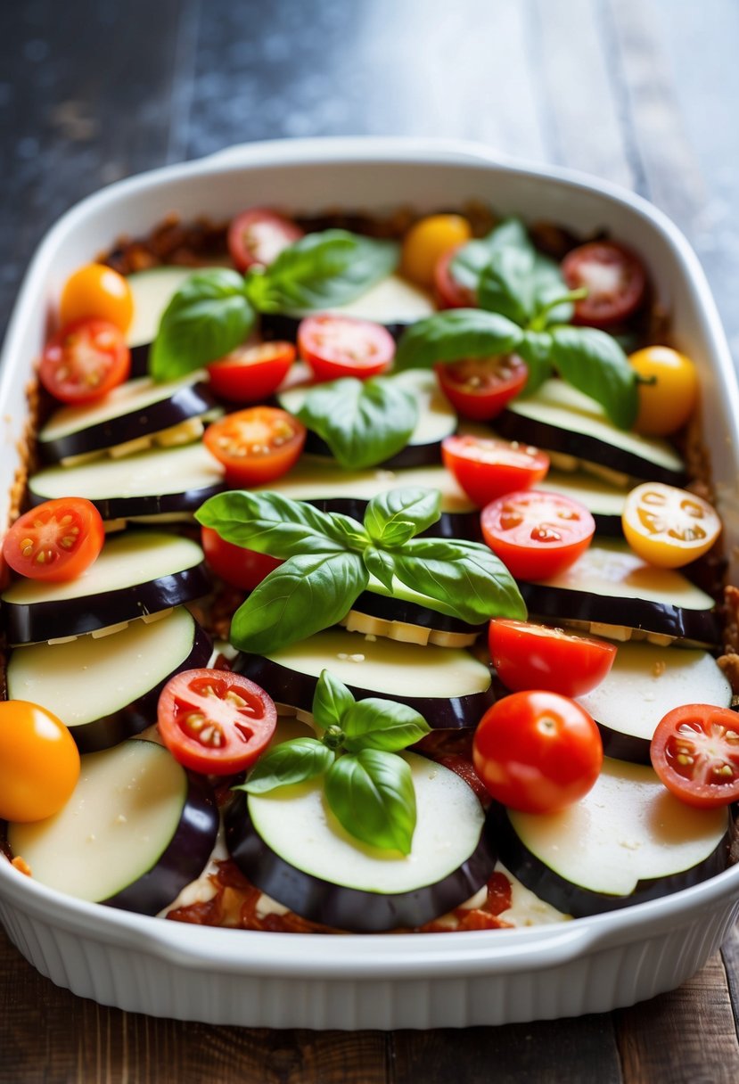 A colorful array of fresh eggplant, tomatoes, basil, and cheese layered in a baking dish, ready to be assembled into a delicious eggplant lasagna