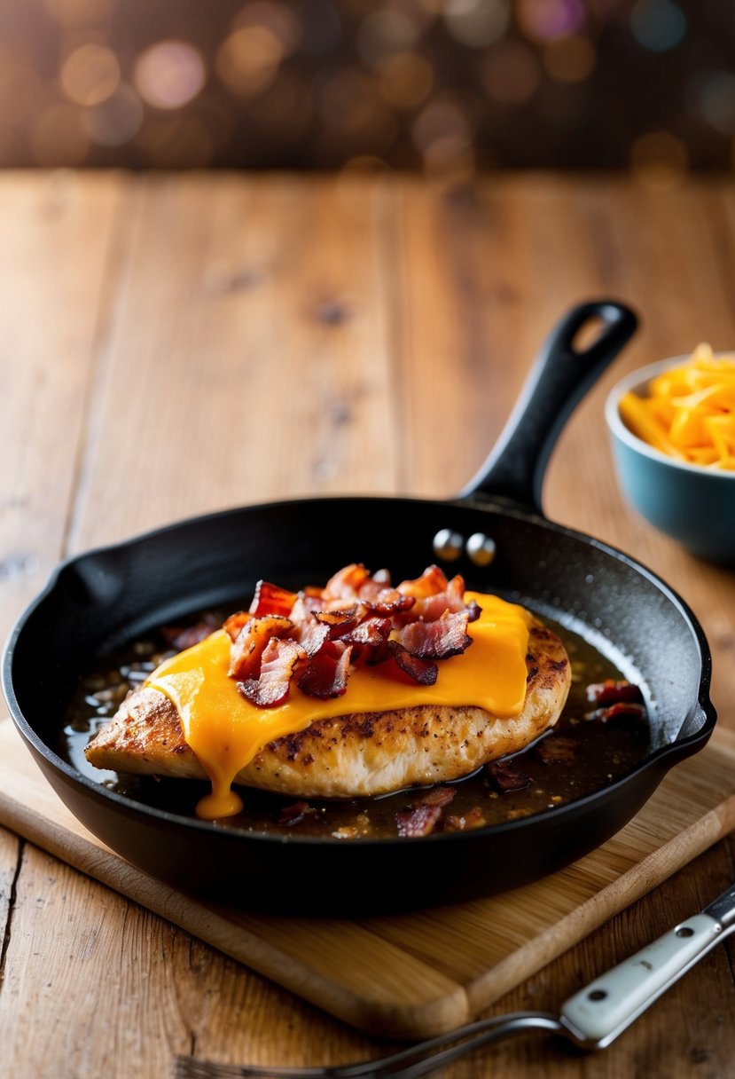 A sizzling skillet with juicy chicken breast topped with crispy bacon and melted cheddar cheese