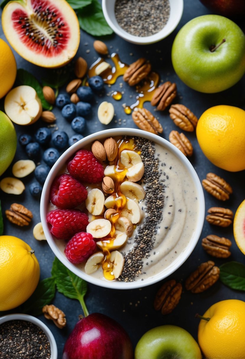 A vibrant array of fresh fruits and nuts arranged around a creamy smoothie bowl, with a drizzle of honey and a sprinkle of chia seeds