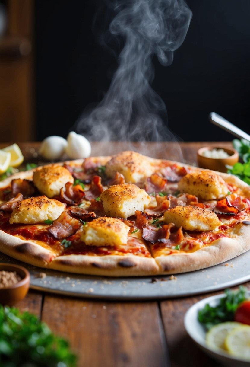 A sizzling pizza topped with juicy chicken and crispy bacon, surrounded by fresh ingredients and a hint of steam rising from the golden crust