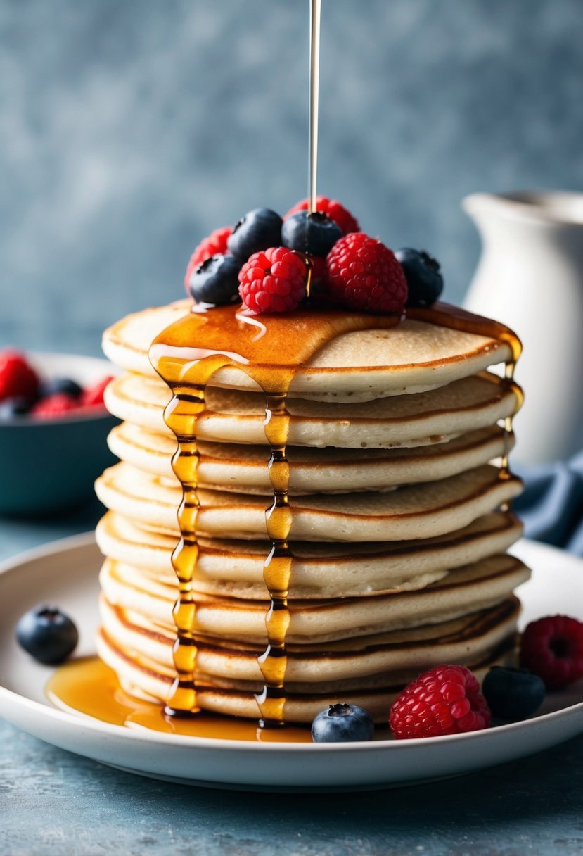 A stack of almond flour pancakes topped with berries and drizzled with maple syrup on a plate