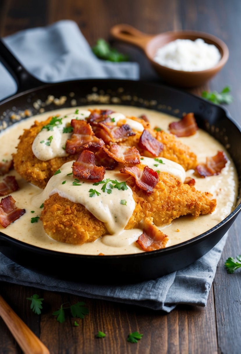 A sizzling skillet with crispy chicken smothered in a rich cream sauce and topped with crispy bacon pieces