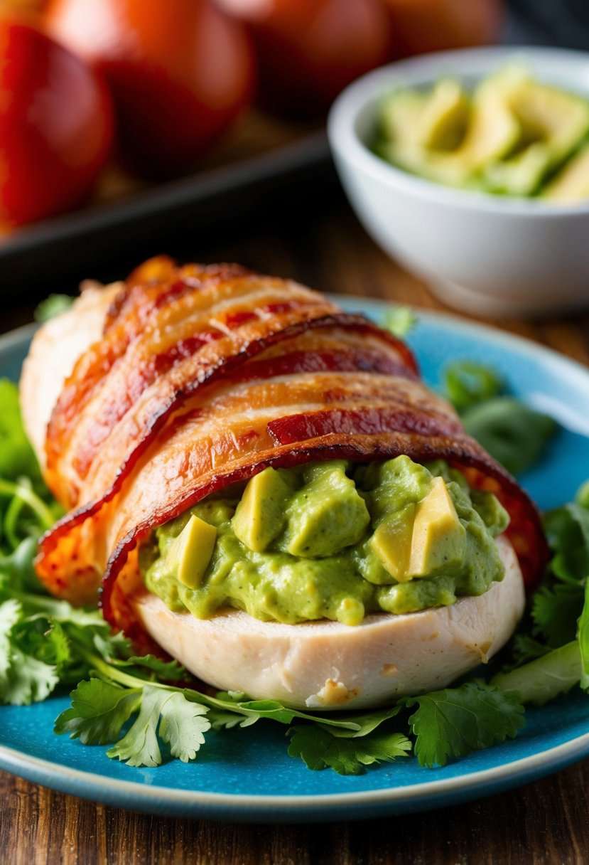 A whole chicken breast stuffed with guacamole and wrapped in crispy bacon