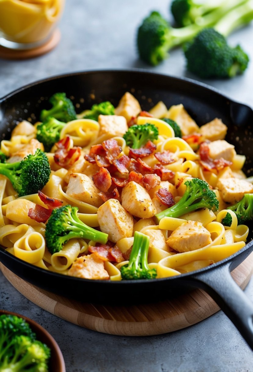 A sizzling skillet with creamy pasta, chunks of chicken, crispy bacon, and vibrant green broccoli