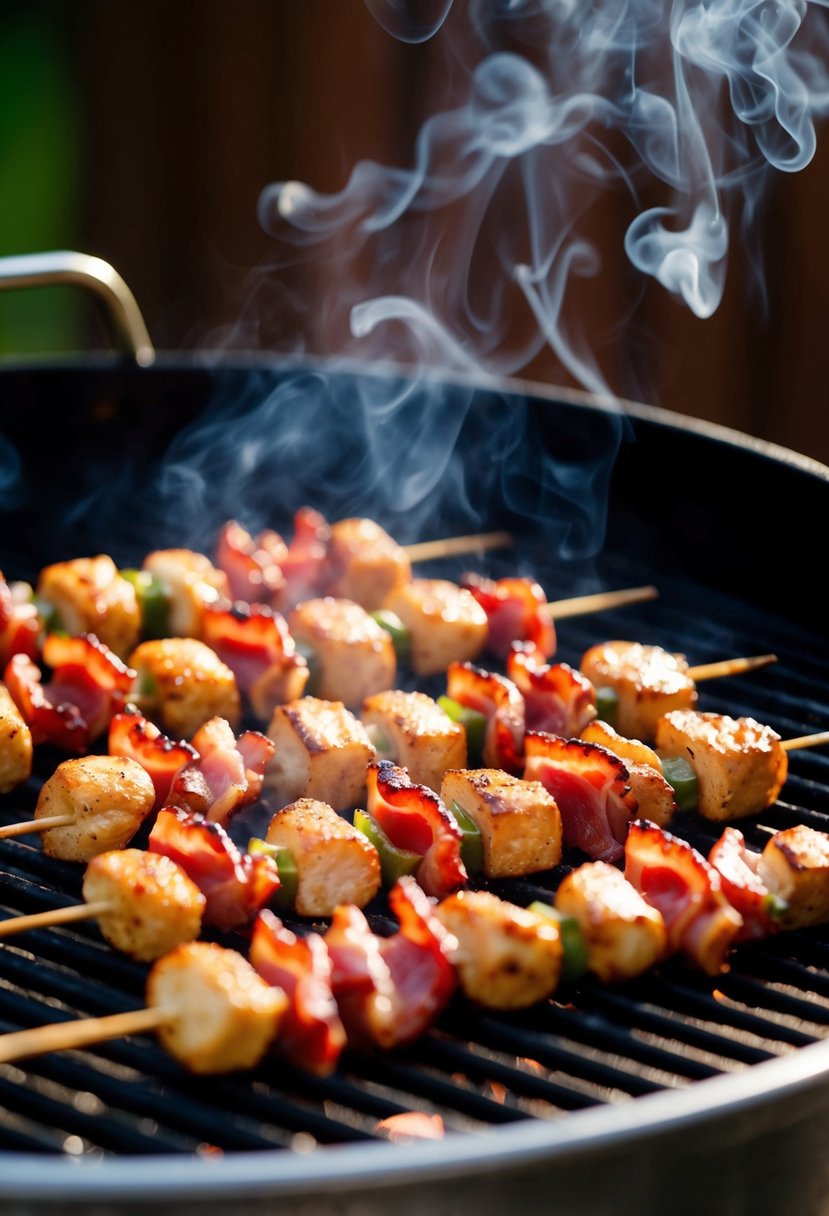 A grill with sizzling chicken and bacon skewers, smoke rising