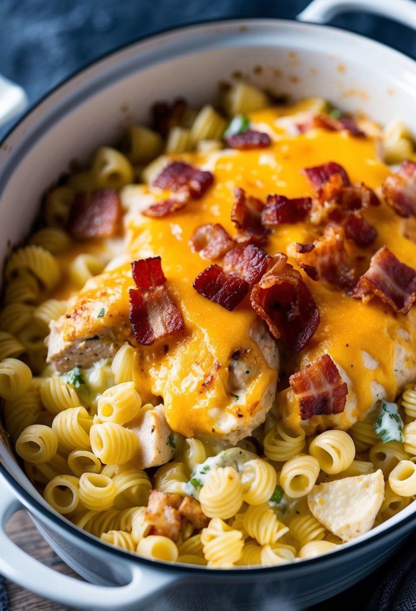 A steaming casserole dish filled with creamy chicken, crispy bacon, and al dente pasta, topped with a golden layer of melted cheese