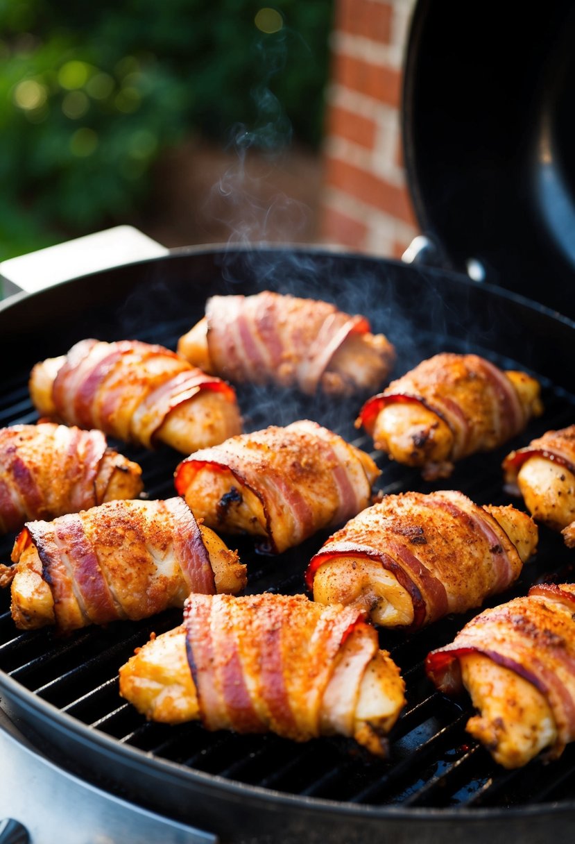 A platter of bacon-wrapped chicken thighs, coated in a spicy-sweet rub, sizzling on a hot grill