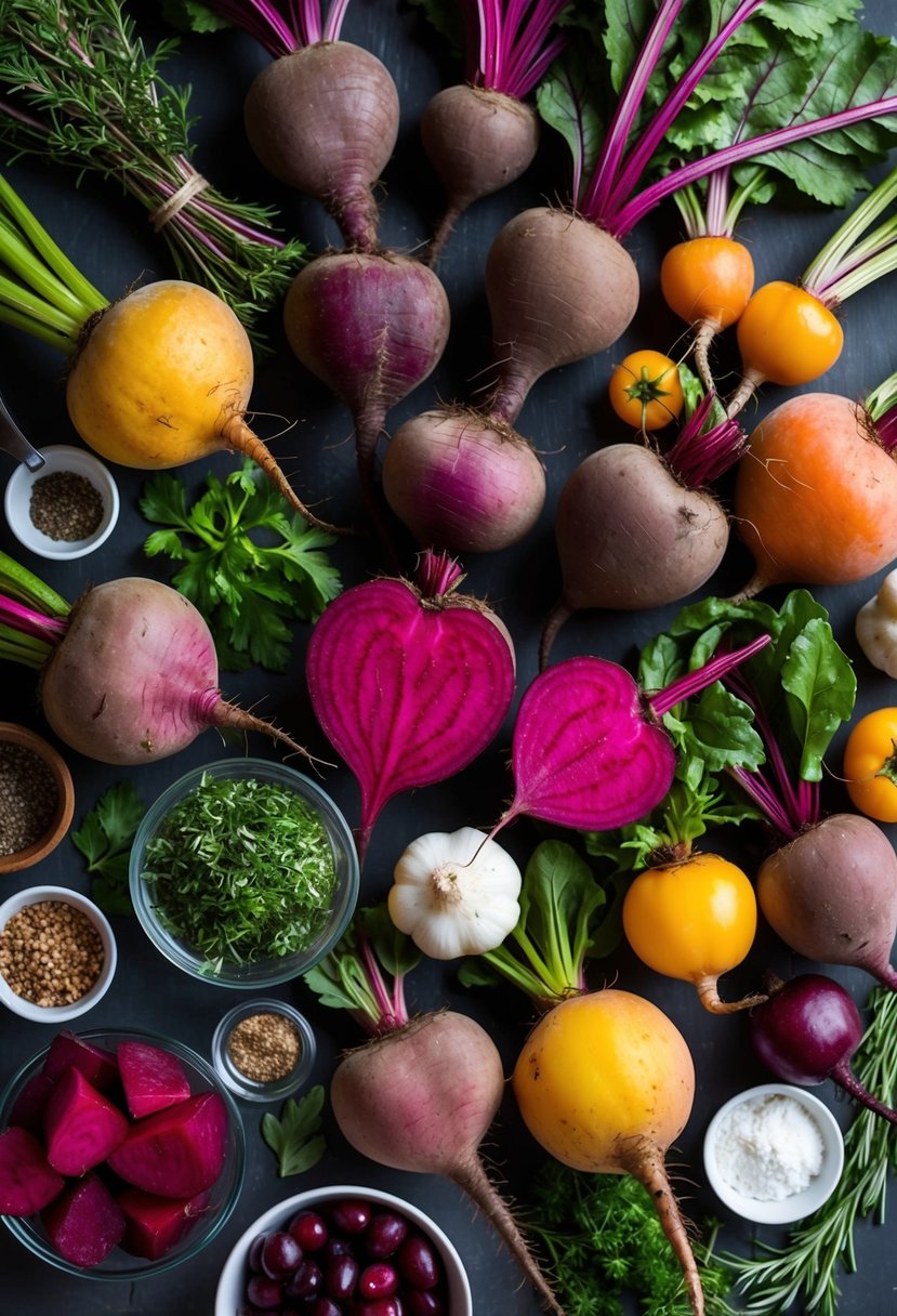 A colorful array of beets in various shapes and sizes, surrounded by fresh herbs and other ingredients, ready to be used in delicious recipes