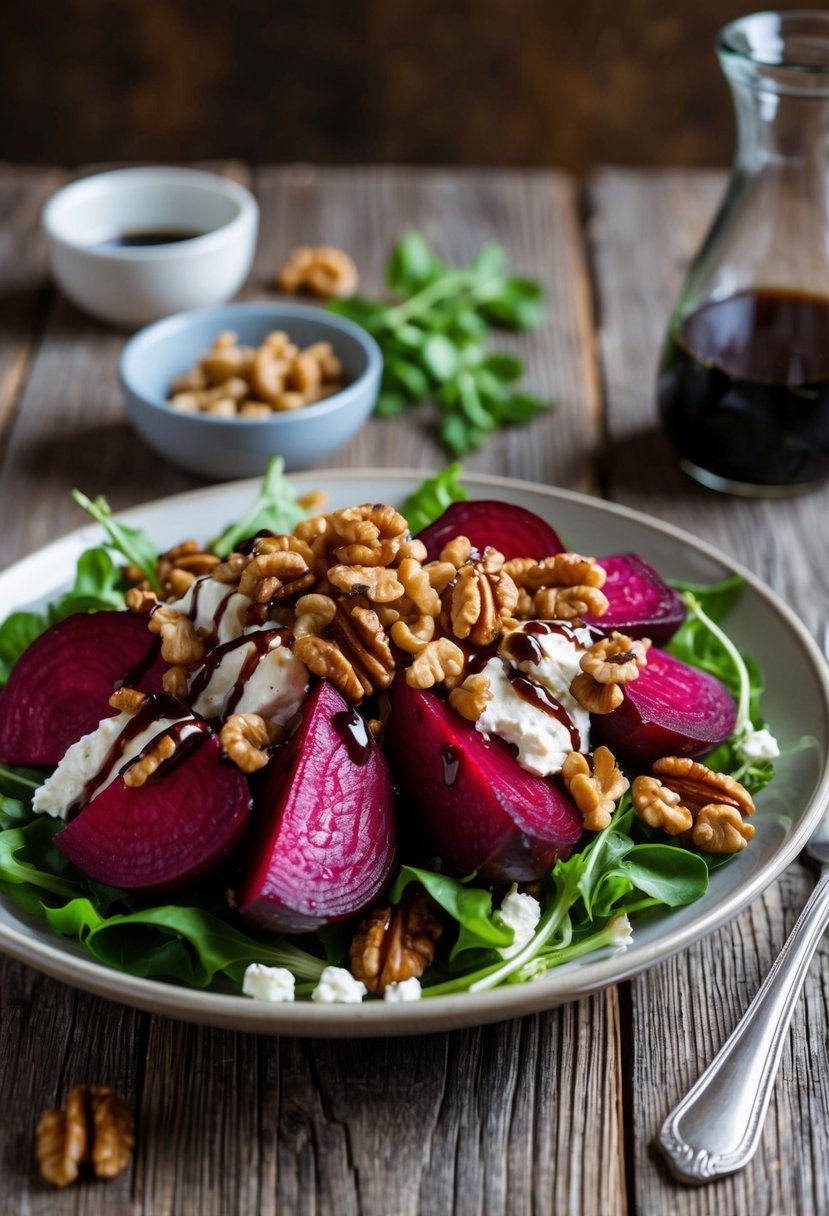 A rustic wooden table with a colorful roasted beet and goat cheese salad, topped with walnuts and drizzled with balsamic vinaigrette