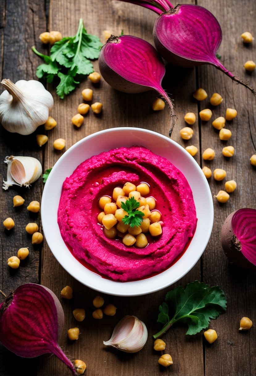 A rustic wooden table with a bowl of vibrant beetroot hummus surrounded by fresh beets, garlic, and chickpeas