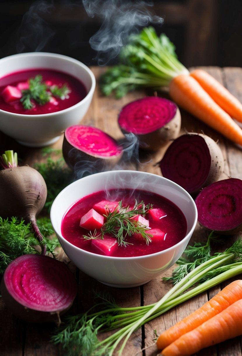 A rustic kitchen table with a steaming bowl of vibrant red borscht surrounded by fresh beets, carrots, and dill