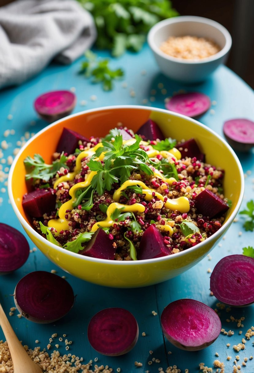 A colorful bowl of beet and quinoa salad with fresh herbs and a drizzle of vinaigrette, surrounded by scattered beet slices and quinoa grains