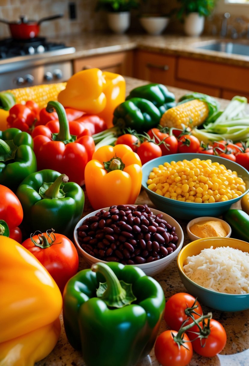 A colorful array of fresh ingredients, including bell peppers, tomatoes, corn, and beans, are spread out on a kitchen counter, ready to be used in a Mexican casserole recipe