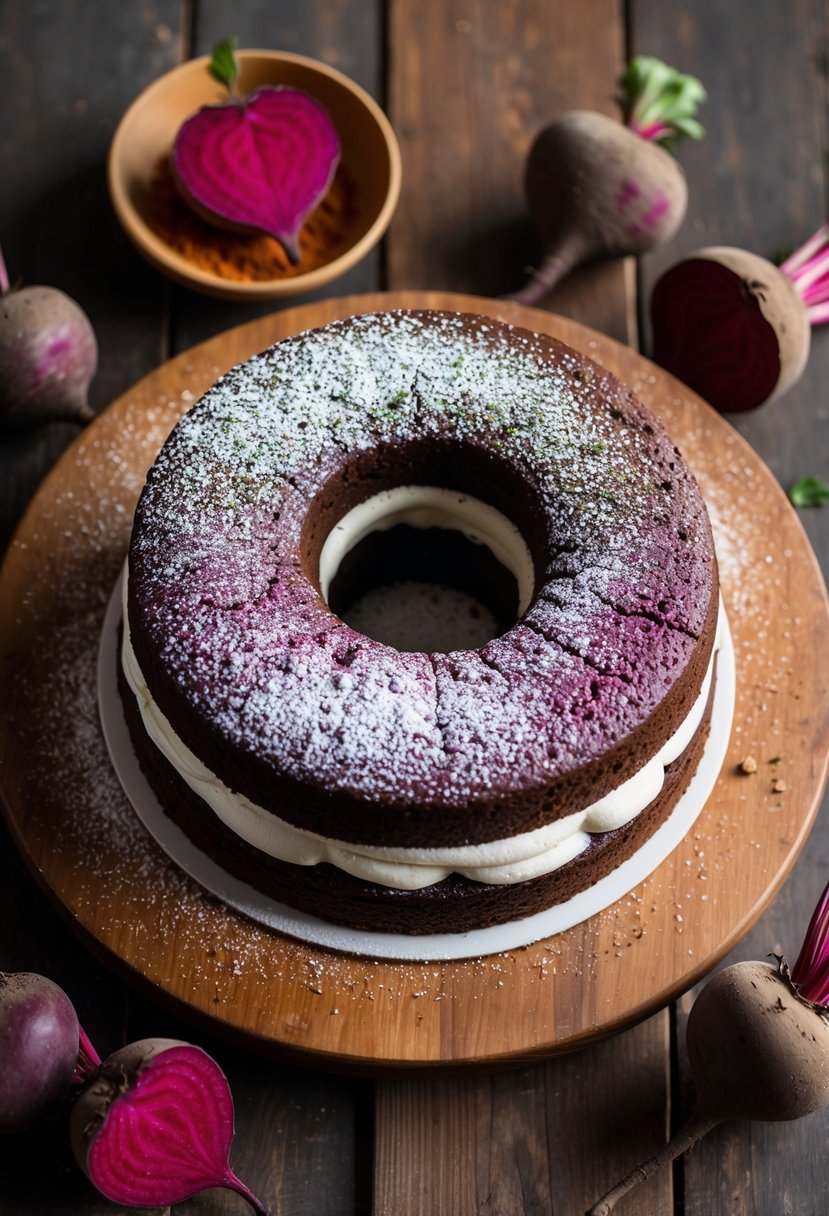 A rich chocolate beet cake sits on a rustic wooden table, topped with a dusting of powdered sugar and surrounded by fresh beets and cocoa powder