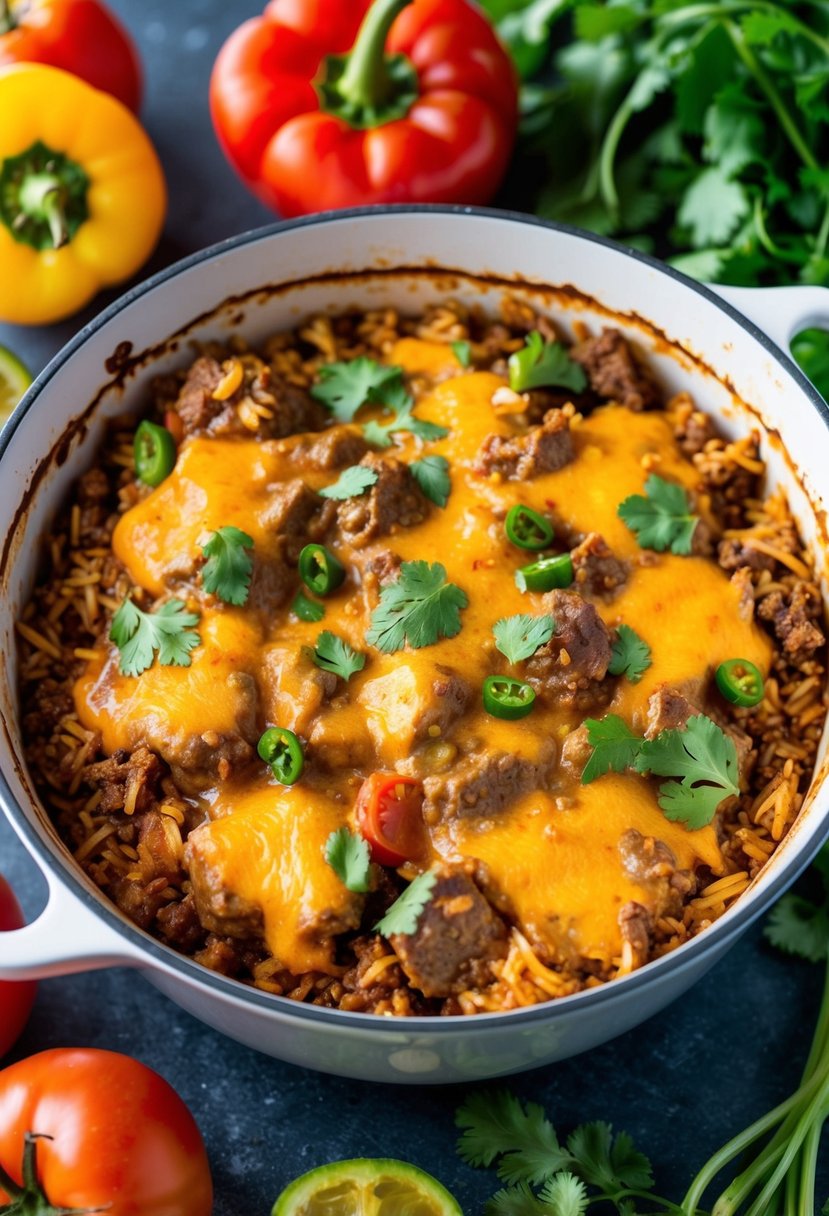 A bubbling casserole dish filled with cheesy beef, rice, and Mexican spices, surrounded by colorful ingredients like tomatoes, peppers, and cilantro