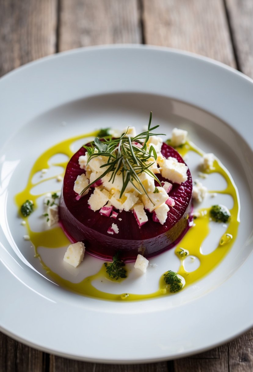 A plate of beet carpaccio topped with crumbled feta, drizzled with olive oil, and garnished with fresh herbs