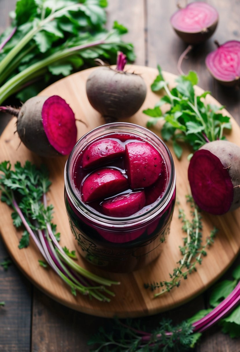 A jar of pickled beets surrounded by fresh beets and herbs on a wooden cutting board