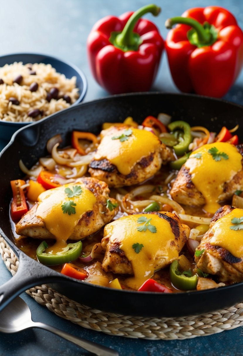 A sizzling skillet of chicken, bell peppers, and onions, topped with melted cheese and served with a side of rice and beans