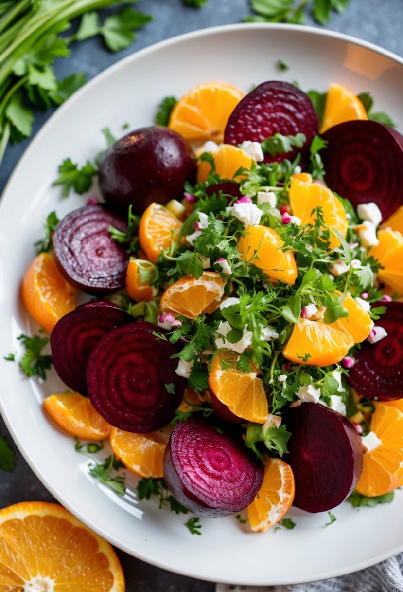 A colorful beet and orange salad arranged on a white plate with fresh herbs scattered around