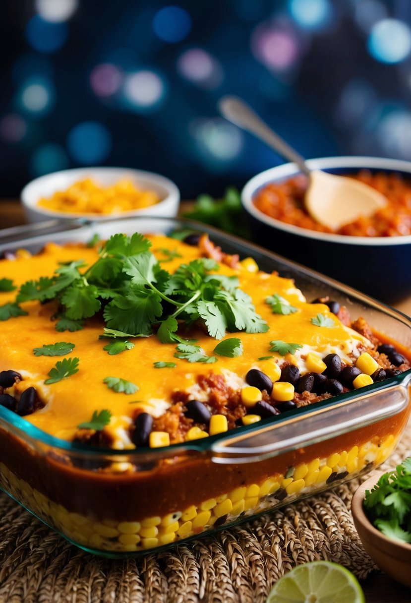 A colorful Mexican casserole with layers of black beans, corn, and enchilada sauce topped with melted cheese and fresh cilantro