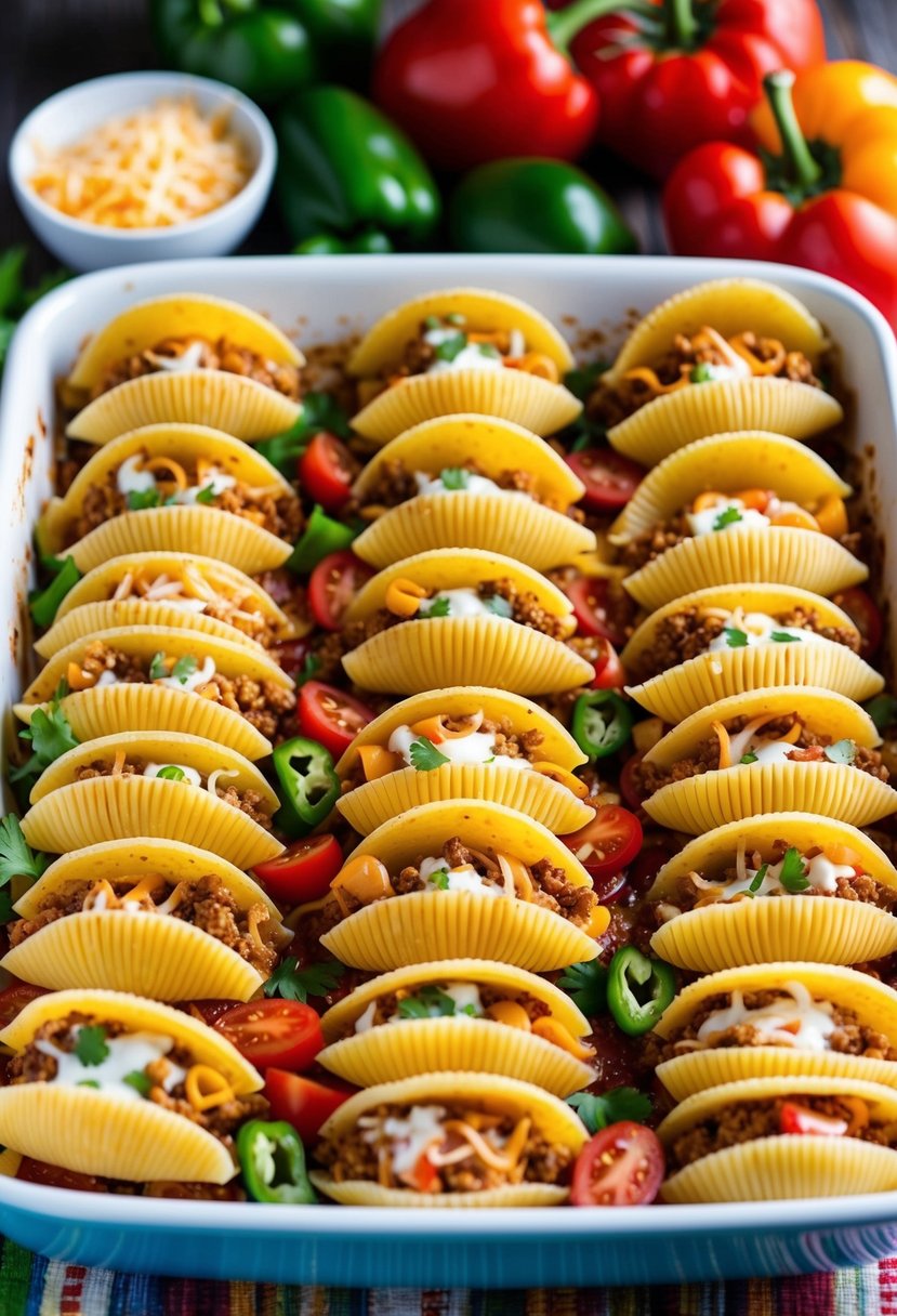 A colorful array of taco stuffed pasta shells arranged in a baking dish, surrounded by vibrant ingredients like tomatoes, peppers, and cheese