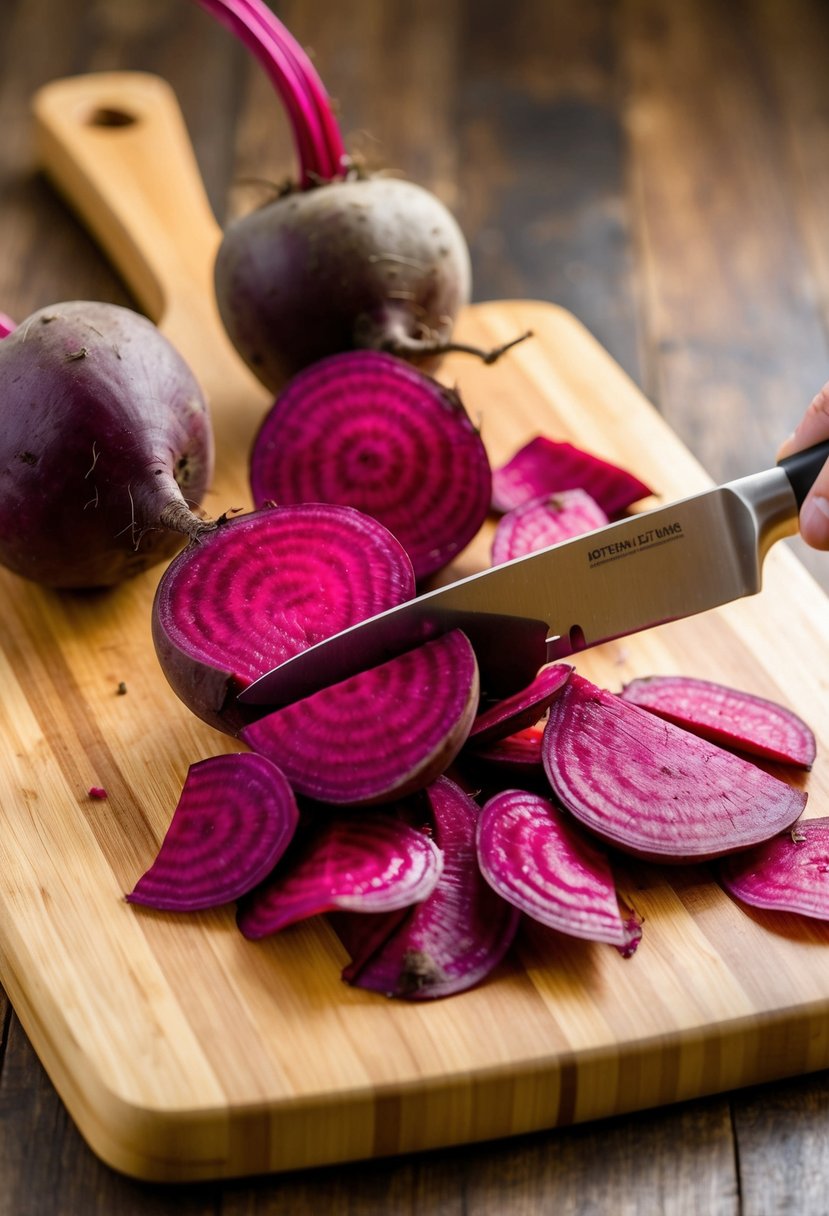 Fresh beets scattered on a wooden cutting board, being sliced into thin chips with a sharp knife